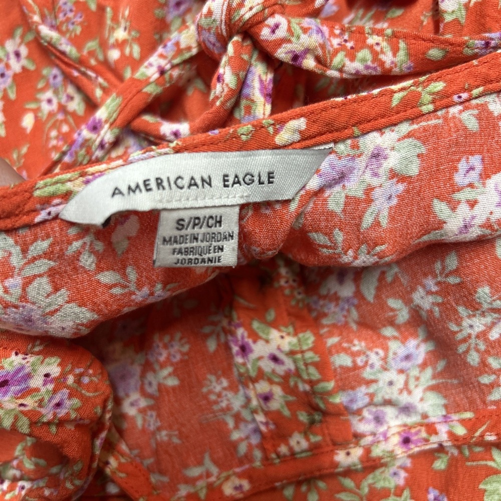 American Eagle Women's Orange Button Down Tie Back Floral Dress Size S Preppy - Picture 3 of 7